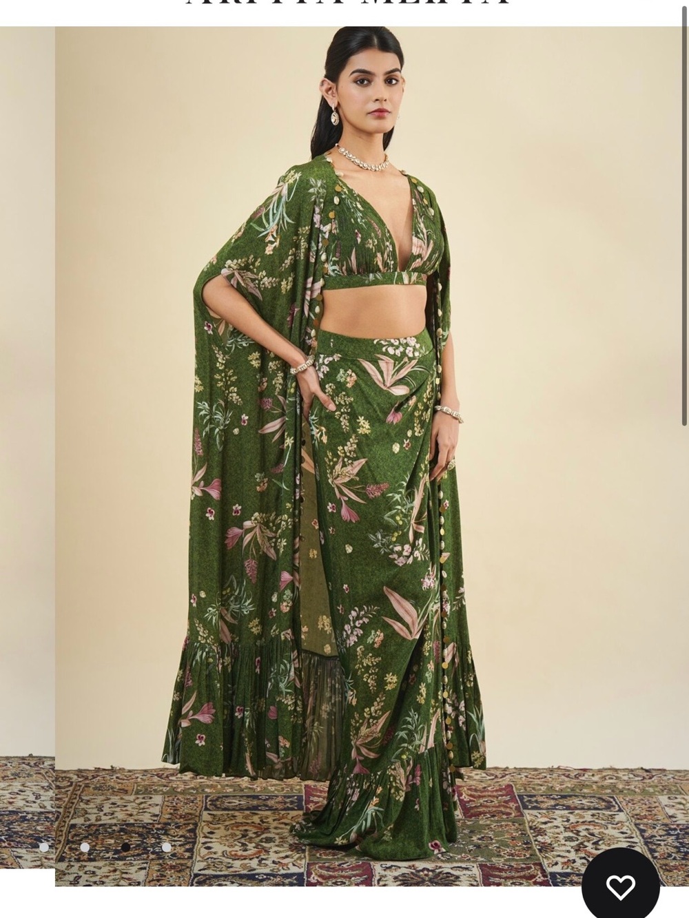 Arpita Mehta Green Floral Maxi Skirt with Matching Cape